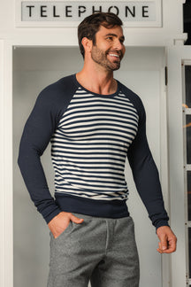 Suéter Masculino Listrado Azul e Branco