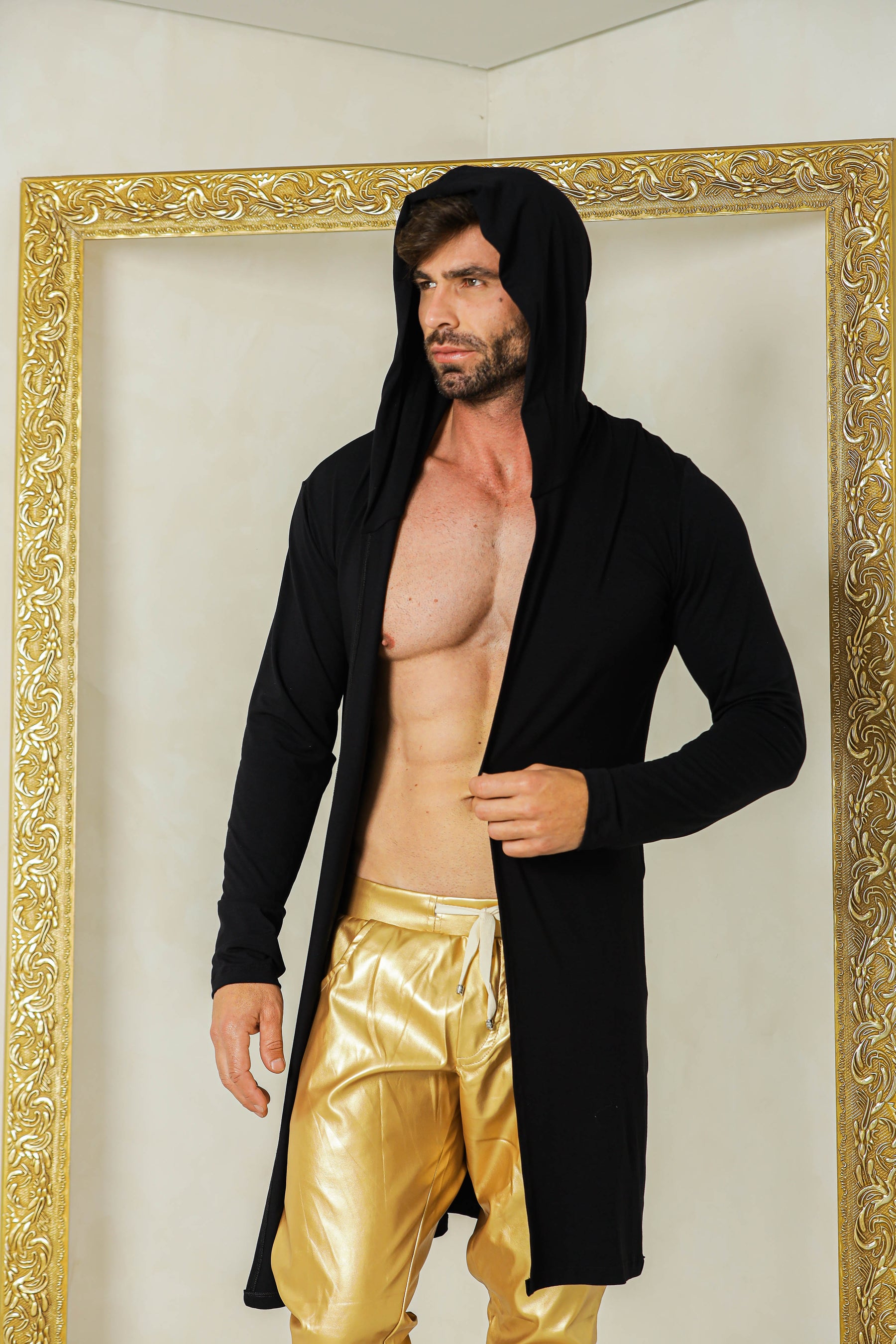 Cardigan Masculino em Viscolycra Preto com Capuz