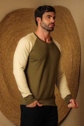 Suéter Masculino Moletinho  Verde Mangas Bege