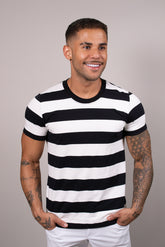 Camiseta Masculina Malha Listrada preto e Branco