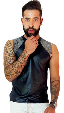 Regata Masculina Machão em Cirrê Preto Detalhe Prateado