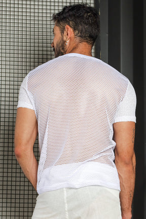 Camiseta Masculina em Arrastão Branco Detalhe em Paetê