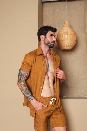 Conjunto Masculino Camisa e Short em Linho Misto