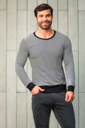 Suéter Masculino Malha Listrada Preto e Branco