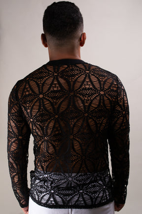 Camiseta Long Line Manga Longa em Renda