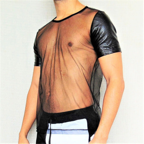 Camiseta Masculina Transparente de Tule Manga Resinada