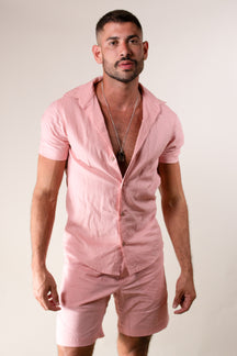 Conjunto Masculino Camisa e Short em Linho Rosê