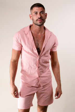 Conjunto Masculino Camisa e Short em Linho Rosê