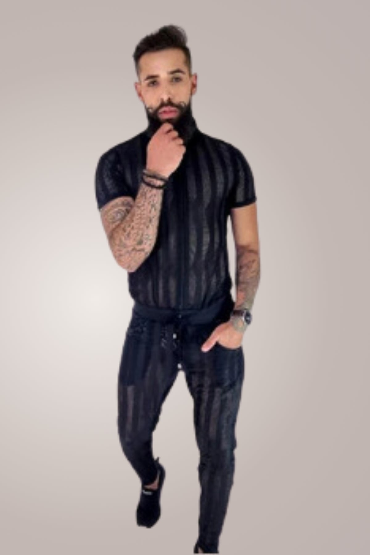 Macacão Masculino Transparente Slim Preto