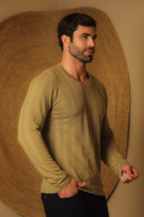 Camiseta Masculina Manga Longa Tricô Listrado Verde Oliva Claro