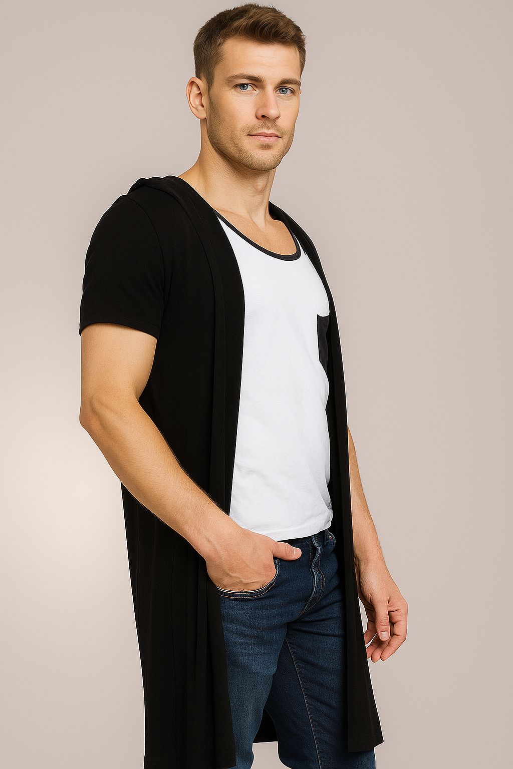 Cardigan Masculino Manga Curta com Capuz