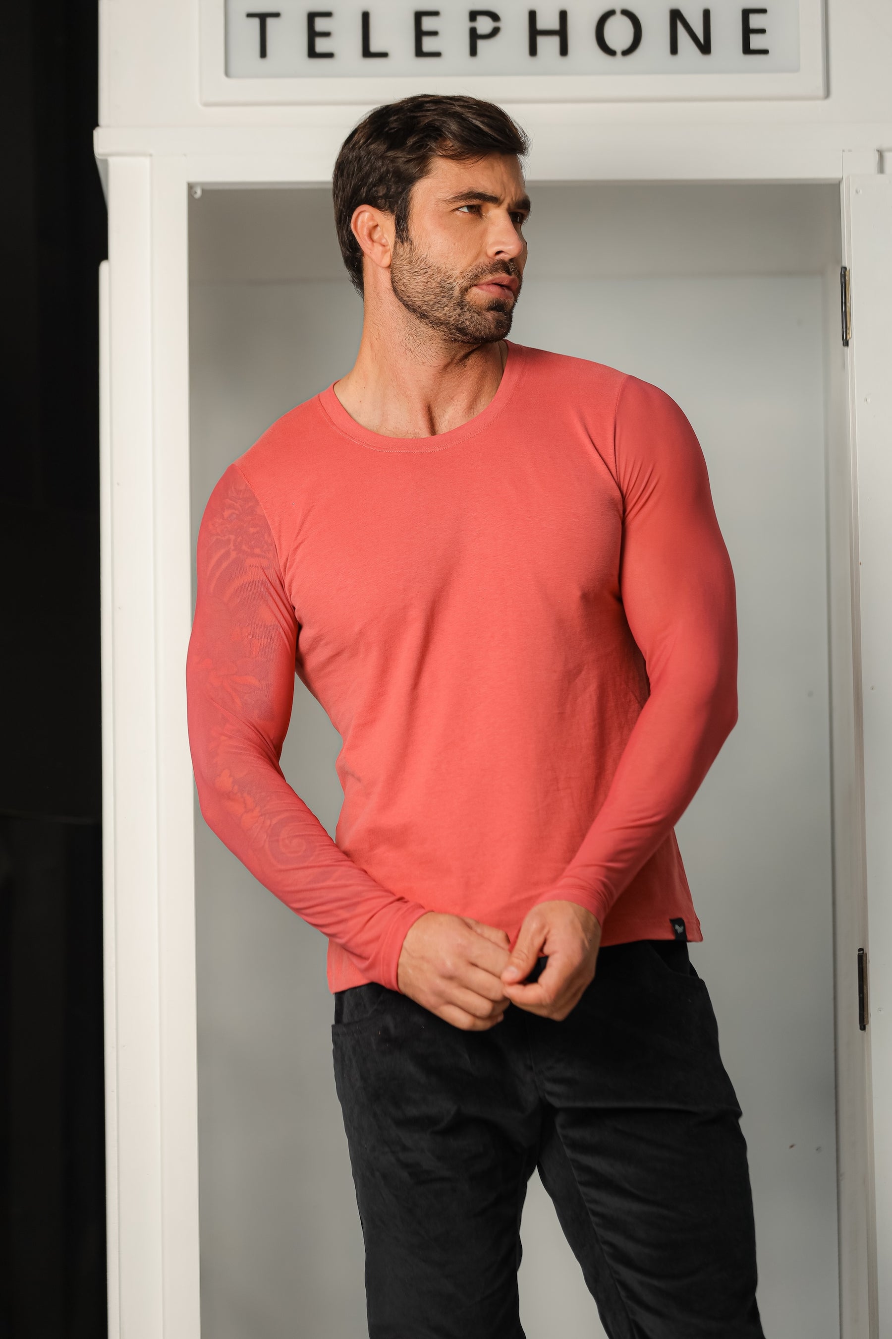 Camiseta Masculina Manga Longa Goiaba com Manga em Tule