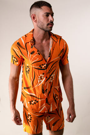 Conjunto Masculino Camisa e Short em  Viscose Floral Laranja