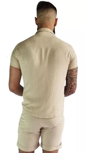 Conjunto Casual Masculino em Linho Bege Listrado