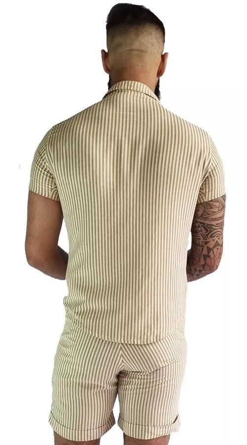 Conjunto Casual Masculino em Linho Bege Listrado