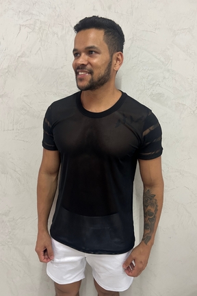 Camiseta Masculina Transparente de Tule Manga Malha Listra - Ateliê João Vieira - JotaVê