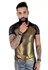 Camiseta Masculina em Lamê Dourado Detalhe Manga em Renda - Ateliê João Vieira - JotaVê