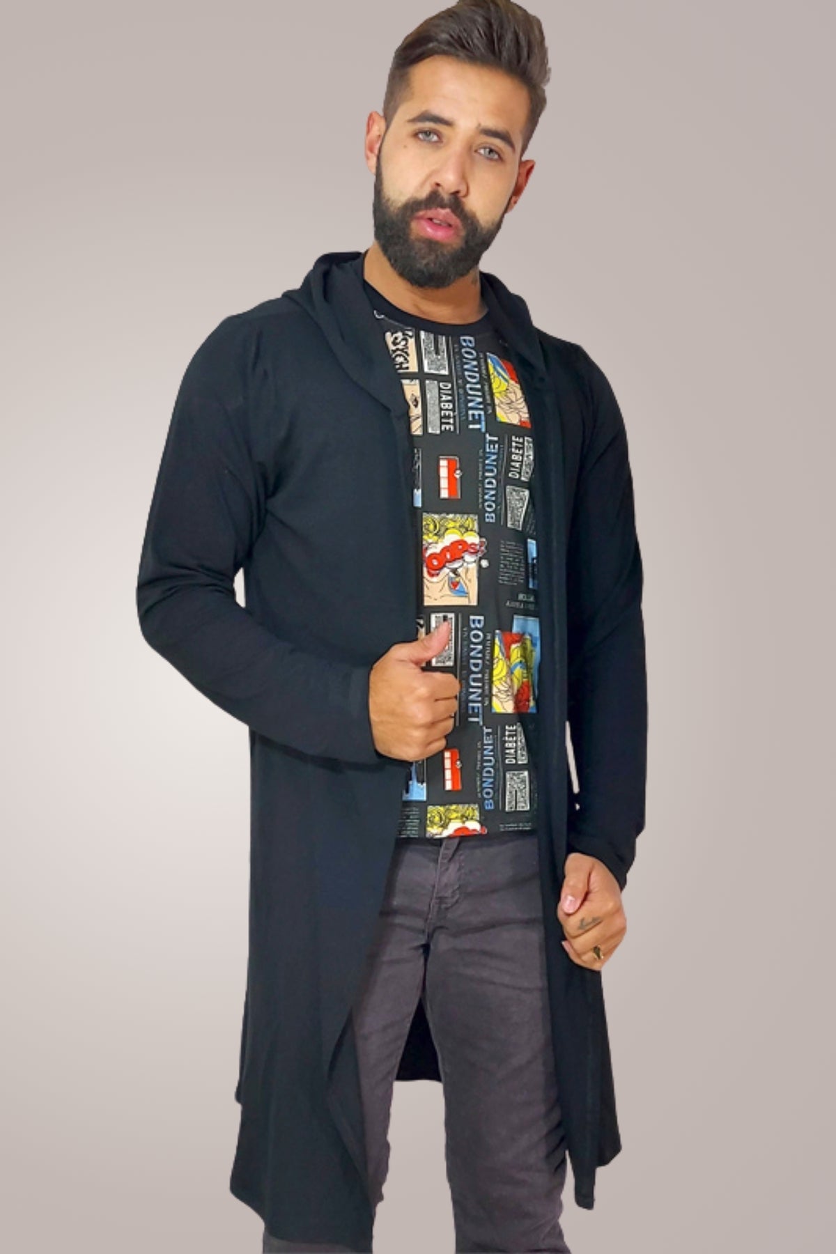 Cardigan Masculino em Viscolycra Preto com Capuz - Ateliê João Vieira - JotaVê