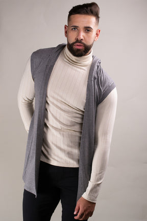 Colete Masculino Long Line em Moletinho com Capuz Cinza