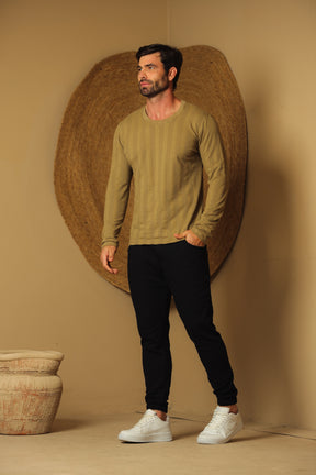 Camiseta Masculina Manga Longa Tricô Listrado Verde Oliva Claro