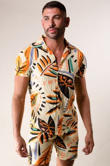 Conjunto Masculino Camisa e Short em  Viscose Floral Bege