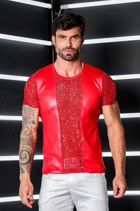 Camiseta Masculina em Cirrê Detalhe e Mangas Paetê