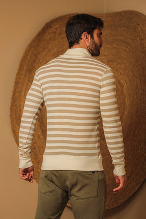 Suéter Masculino Tricô Listrado Bege Gola V