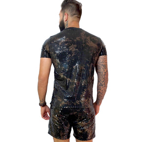Conjunto Masculino Camiseta e Short Paetê Malha Texturizado