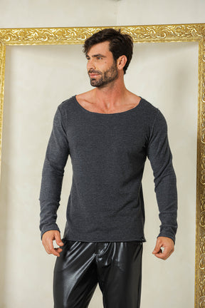 Camiseta Masculina Manga Longa em Moletinho Gola Canoa