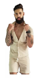 Conjunto Casual Masculino em Linho Bege Listrado