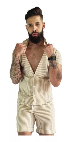 Conjunto Casual Masculino em Linho Bege Listrado