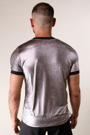 Camiseta Masculina Malha Metalizada Prateada
