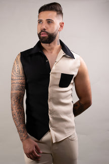 Camisa Masculina Modelo Machão Bengaline Metade Preto Bege