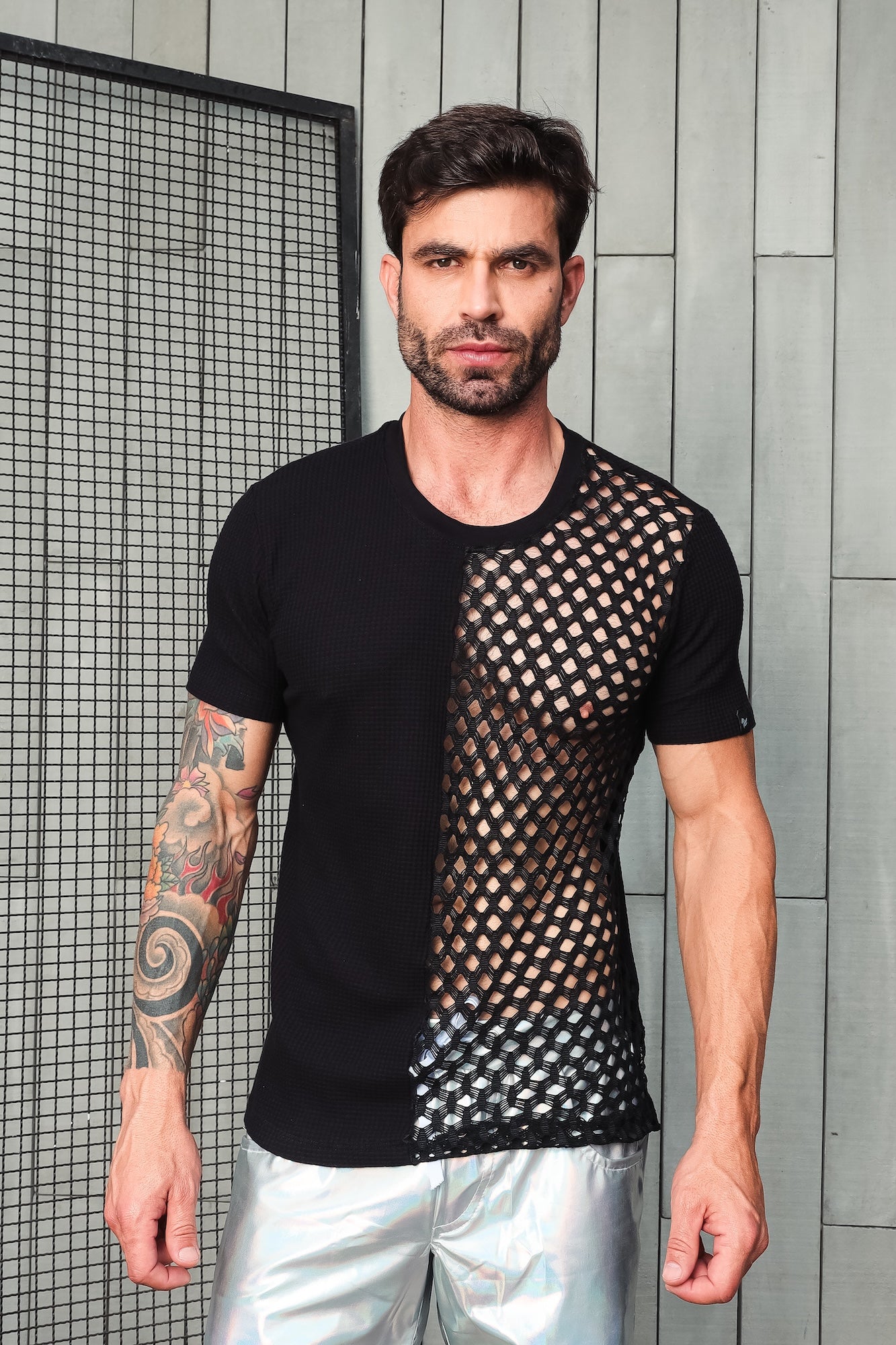 Camiseta em Viscolycra Metade Arrastão