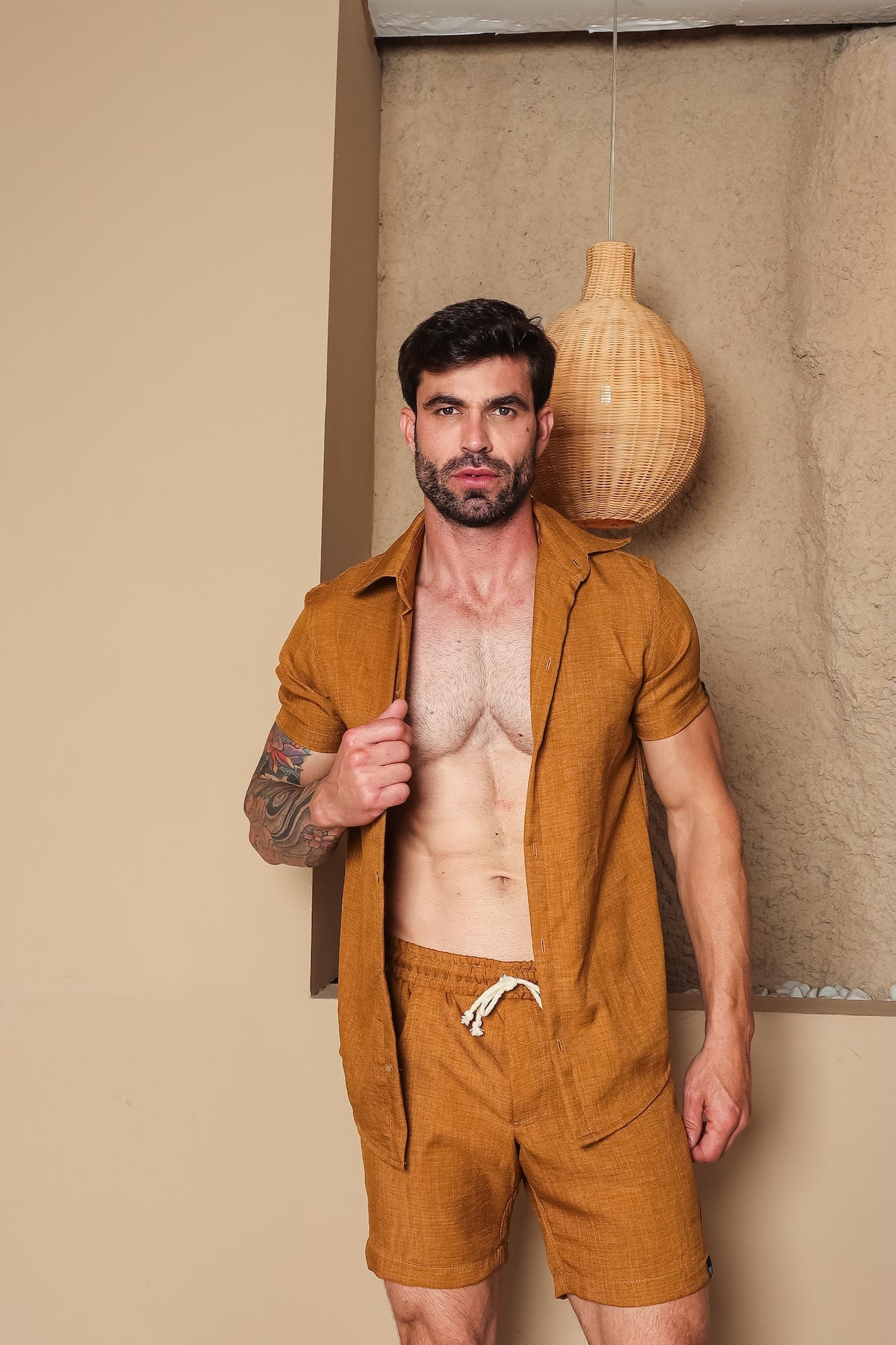 Conjunto Masculino Camisa e Short em Linho Misto