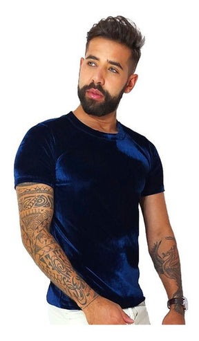Camiseta Masculina em Veludo Cristal Azul Escuro