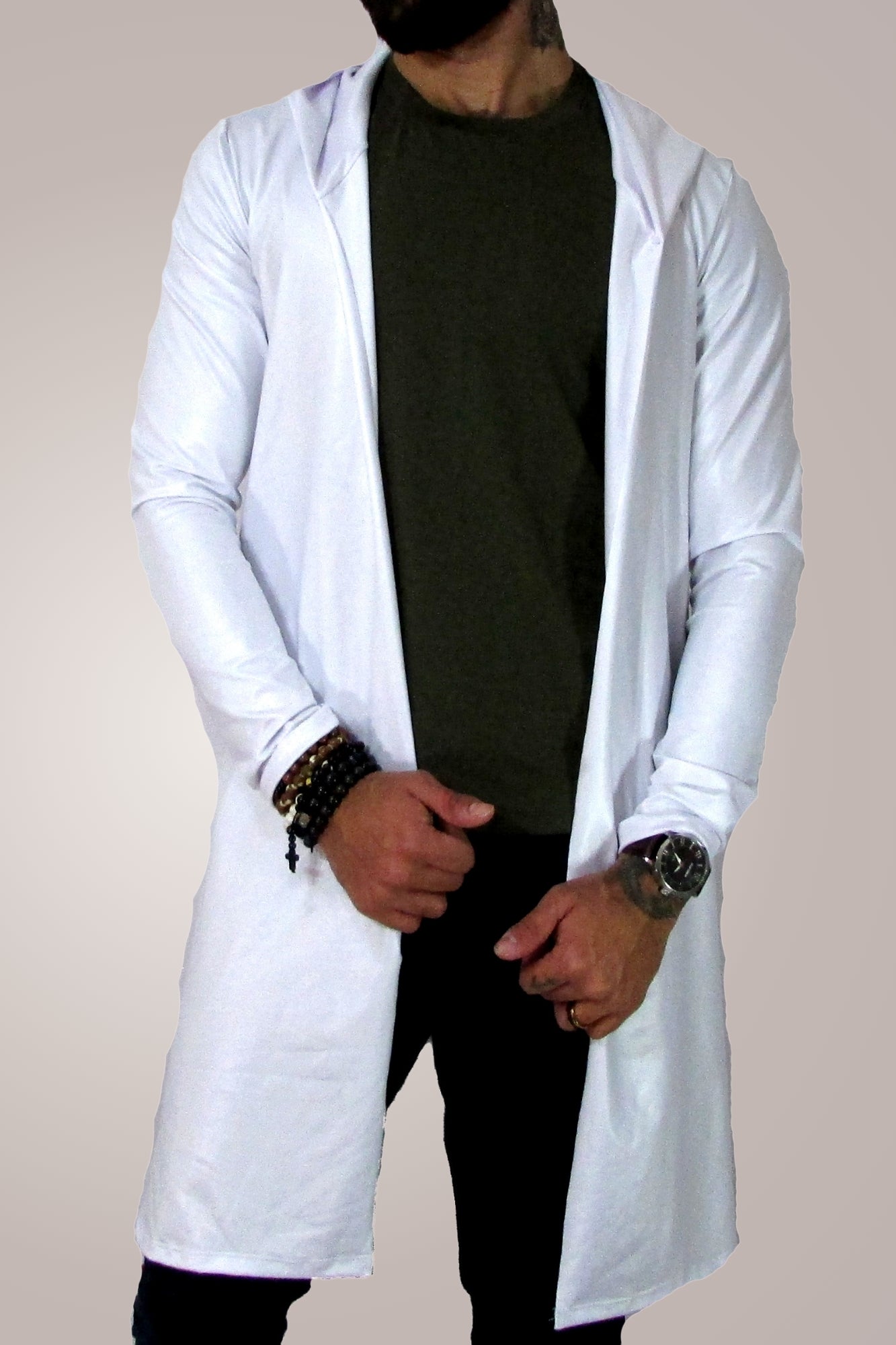 Cardigan Masculino Longline em Cirrê Branco
