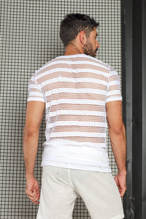 Camiseta Masculina em Arrastão Listrado Branco