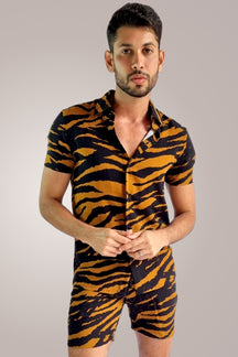 Conjunto Masculino Camisa e Short em Linho e Viscose Animal Print