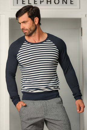 Suéter Masculino Listrado Azul e Branco