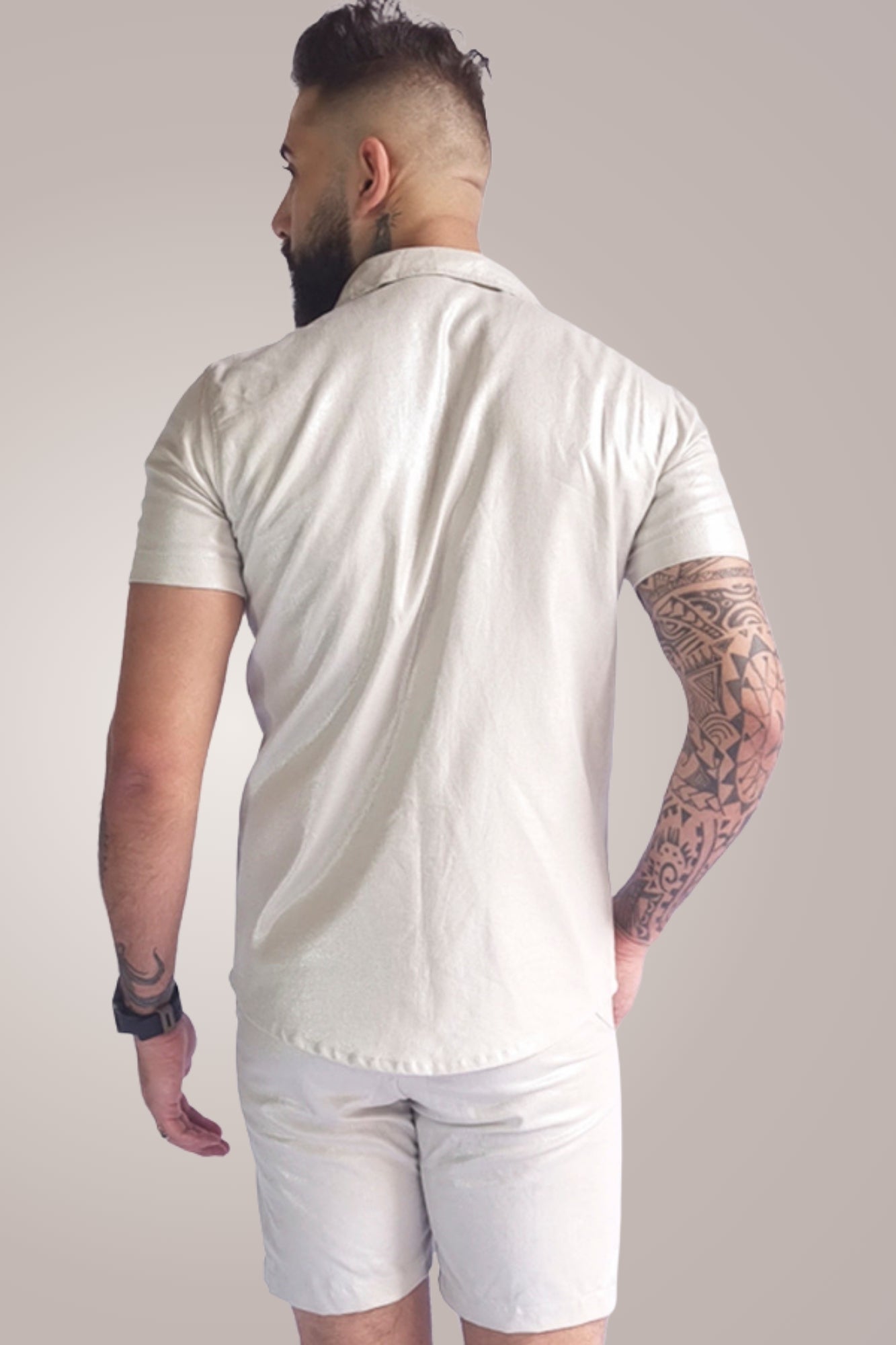 Conjunto Masculino Camiseta e Short em Linho Resinado Pérola Jotave