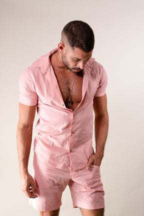 Conjunto Masculino Camisa e Short em Linho Rosê