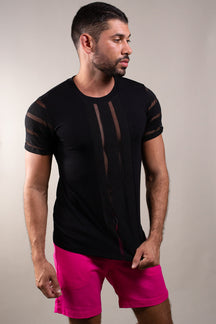 Camiseta Masculina em Viscolycra Detalhe Frente e Mangas Listrado