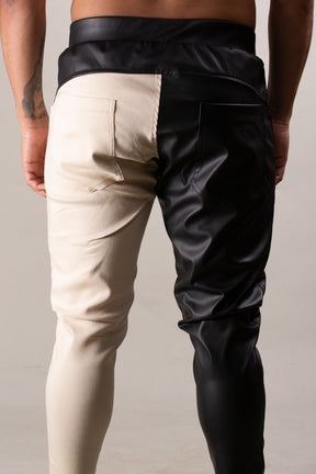 Calça Masculina Couro Ecológico Metade Bengaline Bege