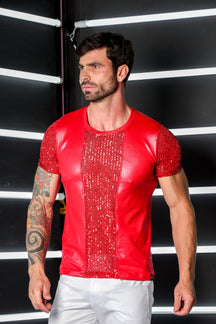 Camiseta Masculina em Cirrê Detalhe e Mangas Paetê