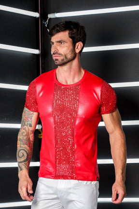 Camiseta Masculina em Cirrê Detalhe e Mangas Paetê