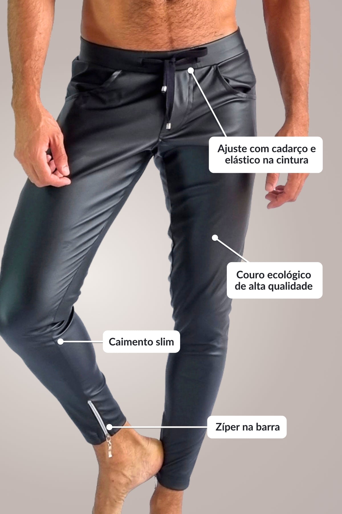 Calça Masculina Slim em Couro Ecológico