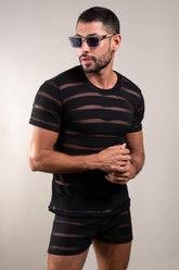 Conjunto Masculino Camiseta e Short em Malha Listrada