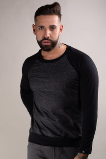 Suéter Masculino em Moletinho Mescla Cinza Detalhe Manga Preto