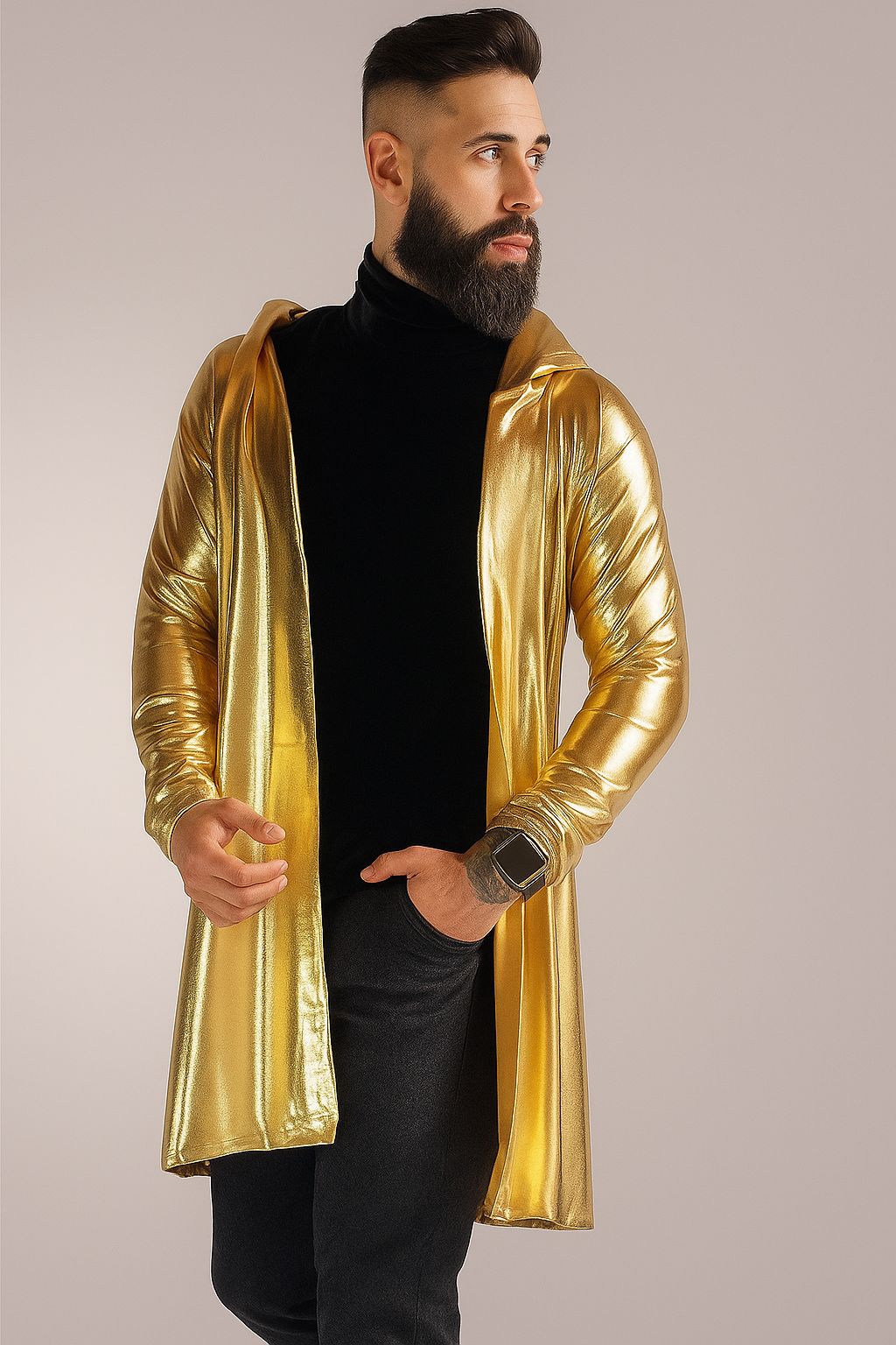 Cardigan Masculino em Malha Metálica Dourada